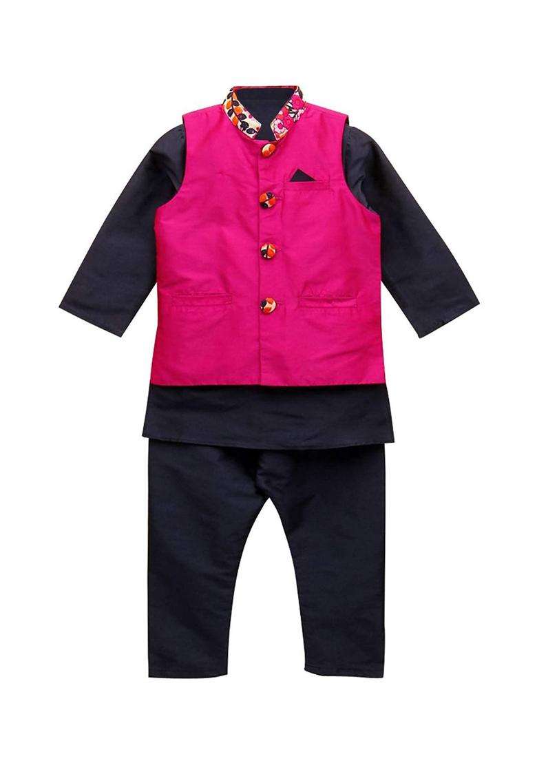 Navy Blue Solid Polyester Kurta Set For Boys - Indya