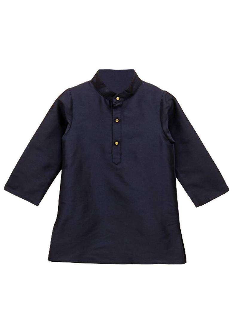 Navy Blue Solid Polyester Kurta Set For Boys - Indya
