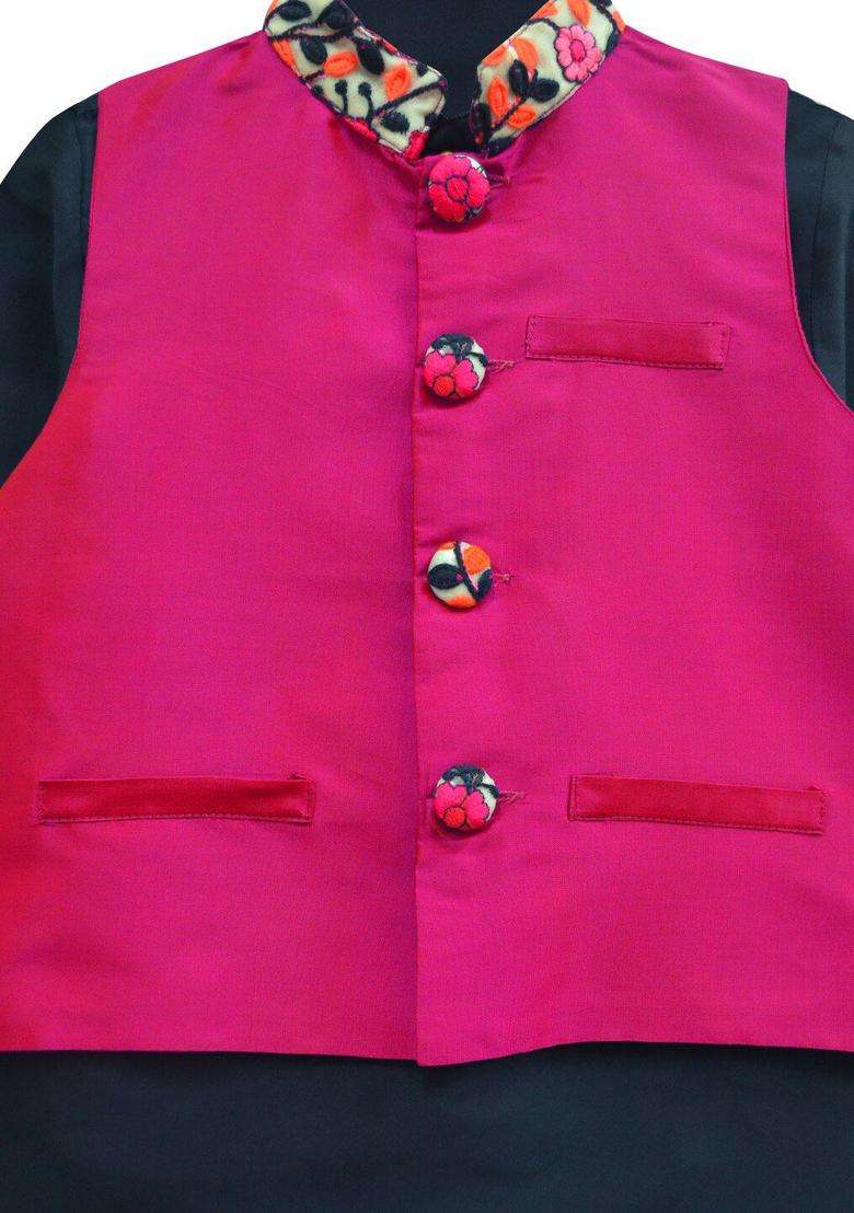 Navy Blue Solid Polyester Kurta Set For Boys - Indya