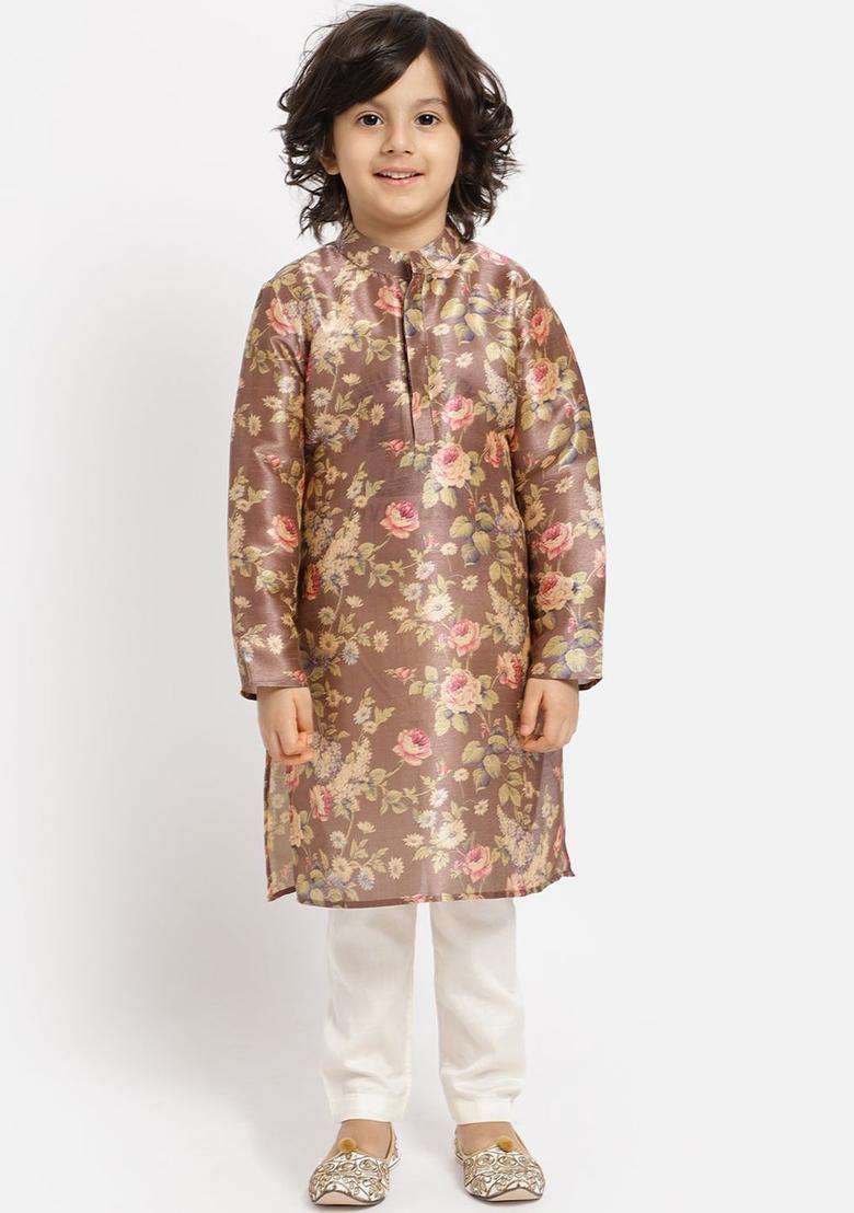 Brown Printed Silk Kurta Set For Boys - Indya