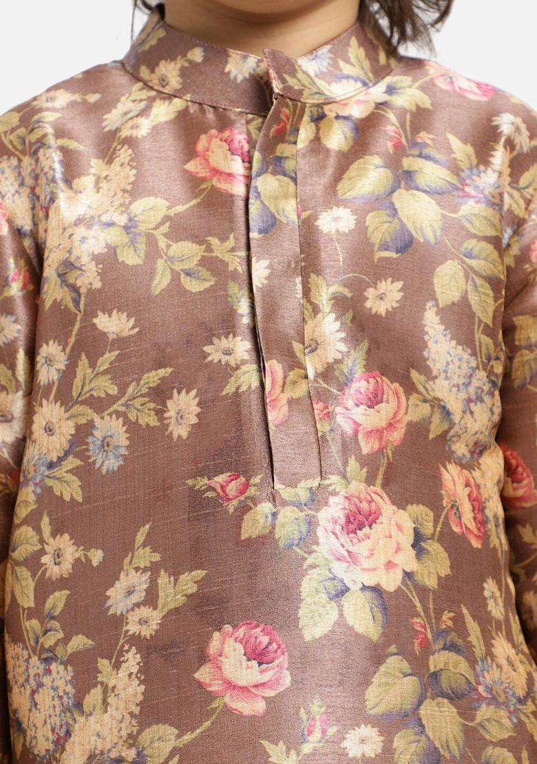 Brown Printed Silk Kurta Set For Boys - Indya