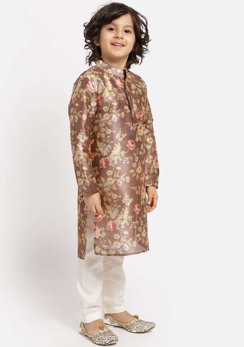 Brown Printed Silk Kurta Set For Boys - Indya
