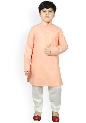 Peach Solid Cotton Kurta Set For Boys