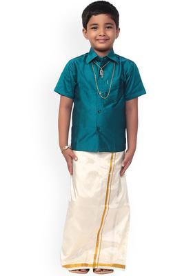 Blue Solid Polyester Kurta Set For Boys