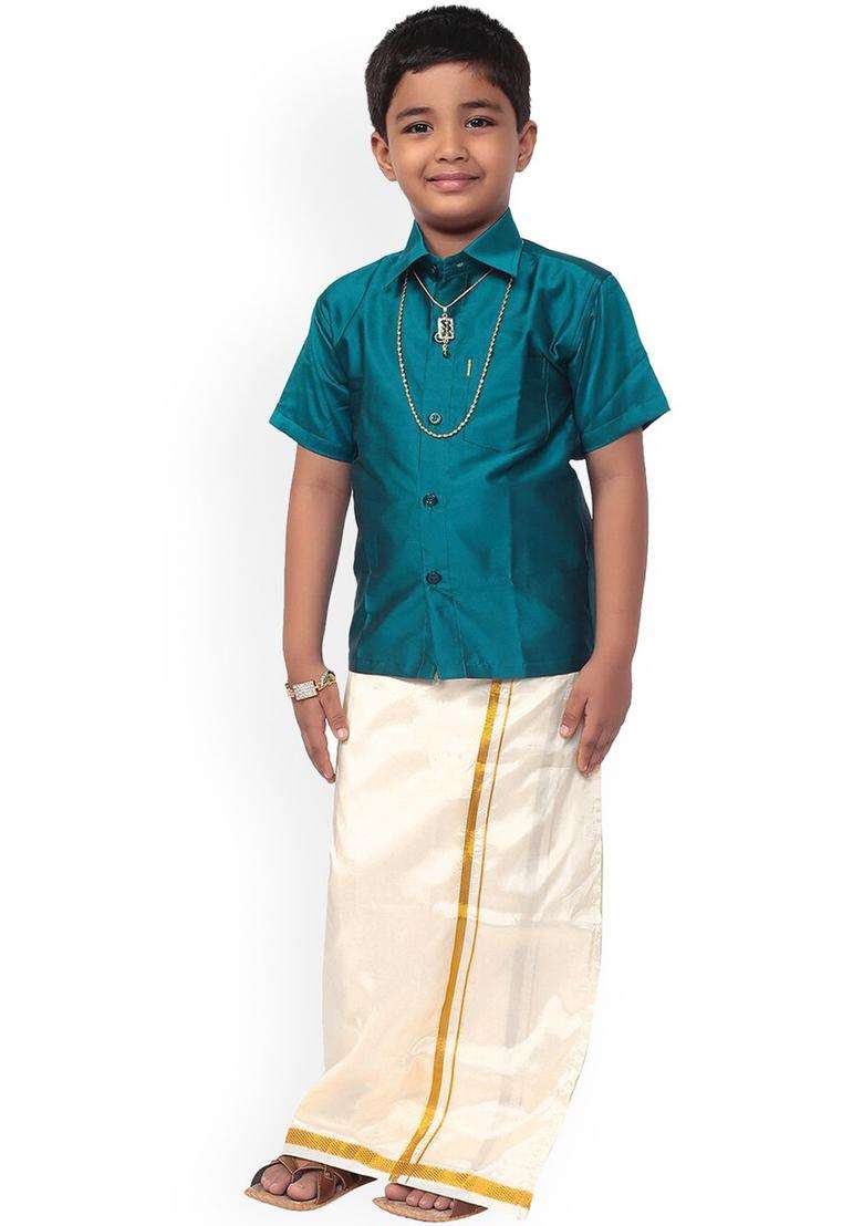 Blue Solid Polyester Kurta Set For Boys - Indya