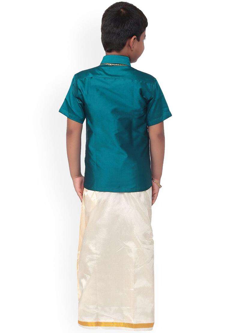 Blue Solid Polyester Kurta Set For Boys - Indya