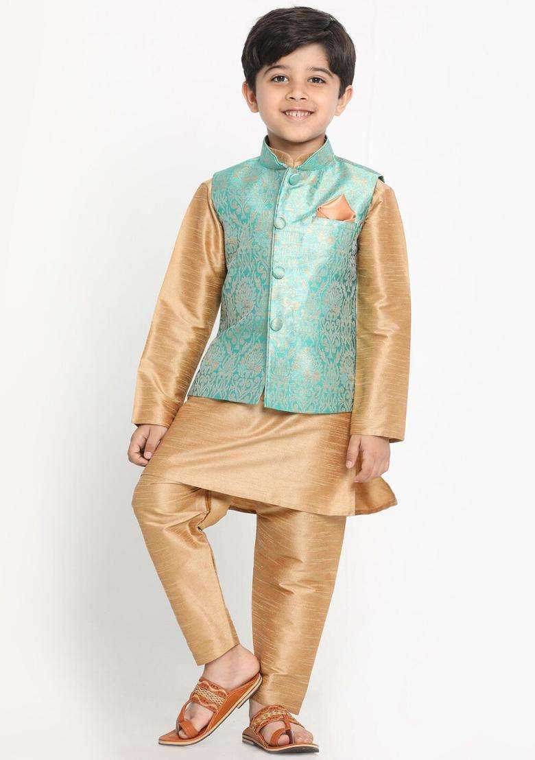 Gold Solid Silk Kurta Set For Boys - Indya
