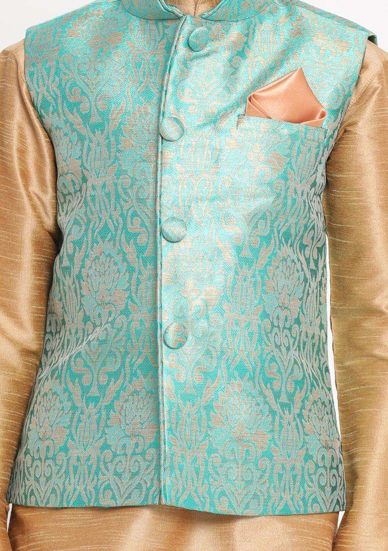 Gold Solid Silk Kurta Set For Boys - Indya