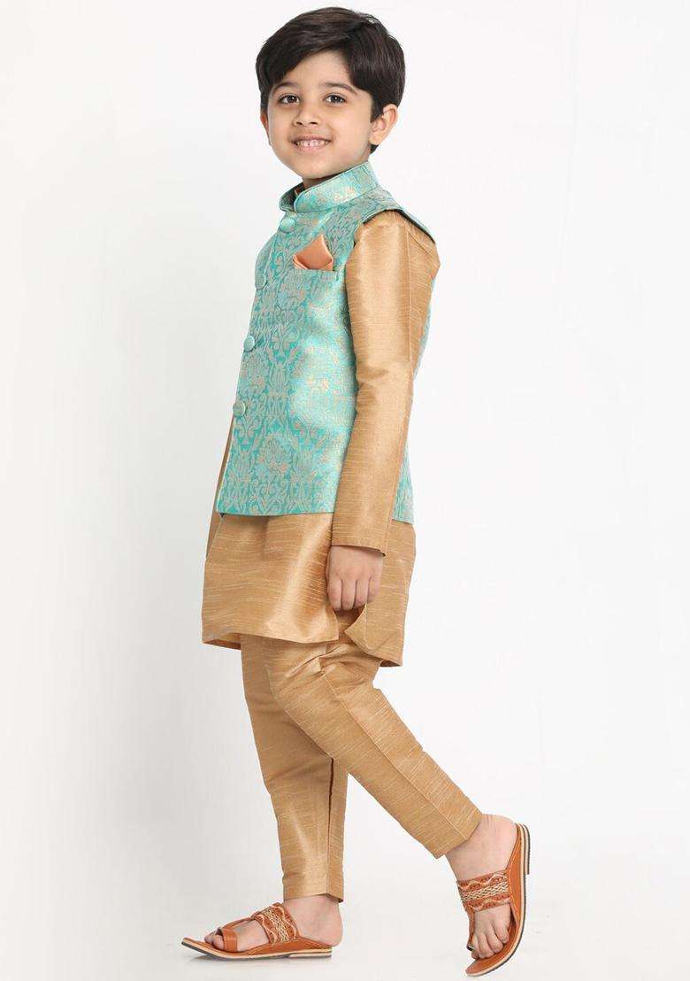 Gold Solid Silk Kurta Set For Boys - Indya