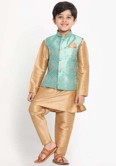 Gold Solid Silk Kurta Set For Boys