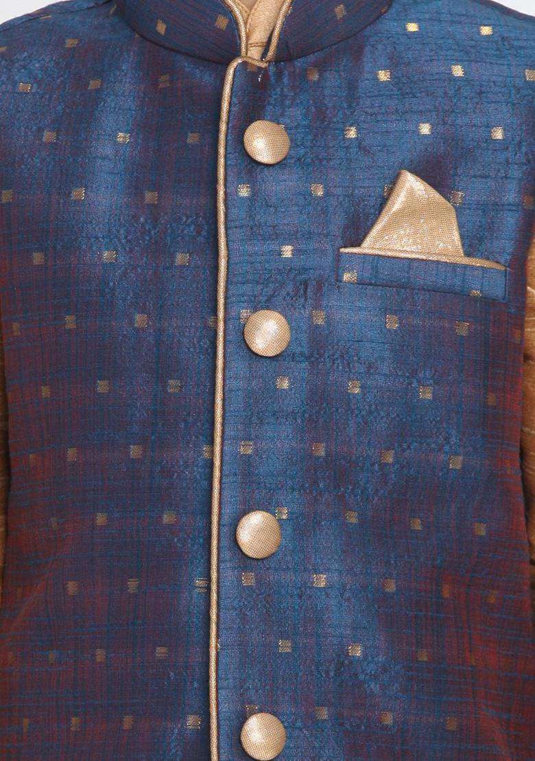 Gold Self Design Silk Kurta Set For Boys - Indya