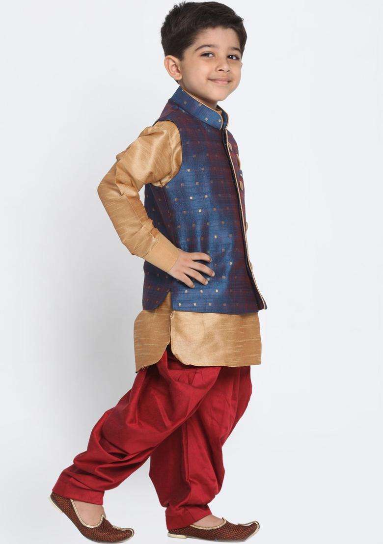 Gold Self Design Silk Kurta Set For Boys - Indya
