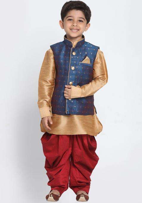 Gold Self Design Silk Kurta Set For Boys