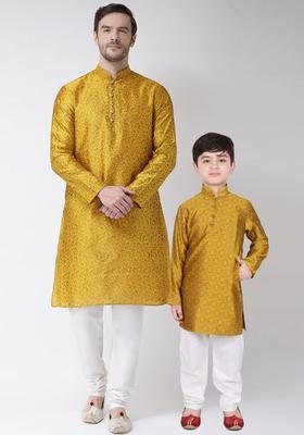 Yellow Self Design Cotton Kurta Set For Boys