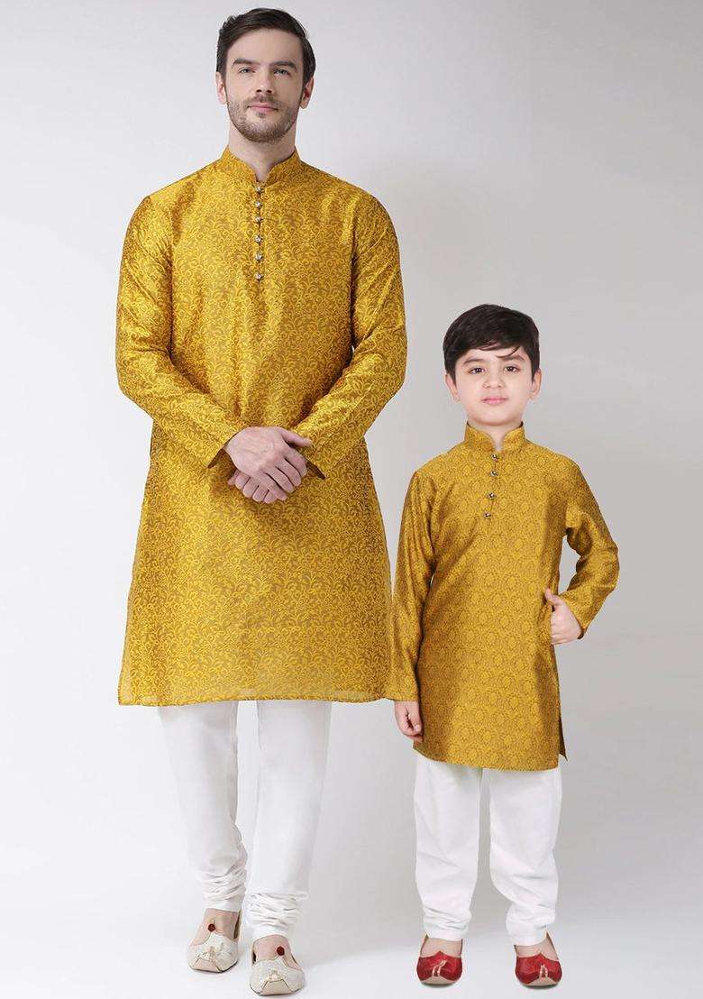 Yellow Self Design Cotton Kurta Set For Boys - Indya