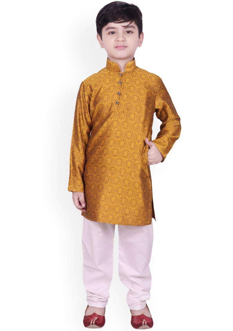 Yellow Self Design Cotton Kurta Set For Boys - Indya