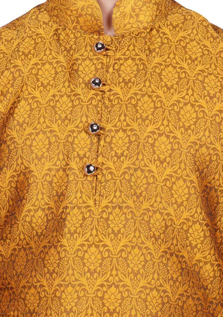 Yellow Self Design Cotton Kurta Set For Boys - Indya