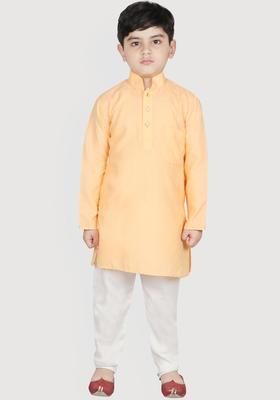 Peach Solid Cotton Kurta Set For Boys