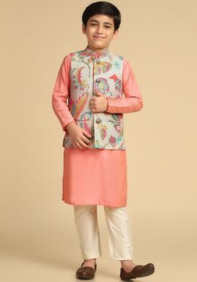 Peach Solid Cotton Kurta Set For Boys
