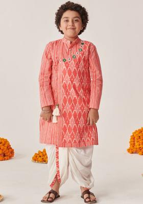 Peach Printed Cotton Kurta Set For Boys