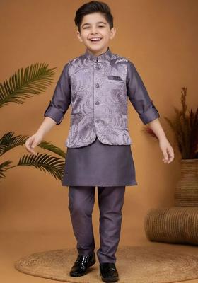 Grey Solid Cotton Kurta Set For Boys