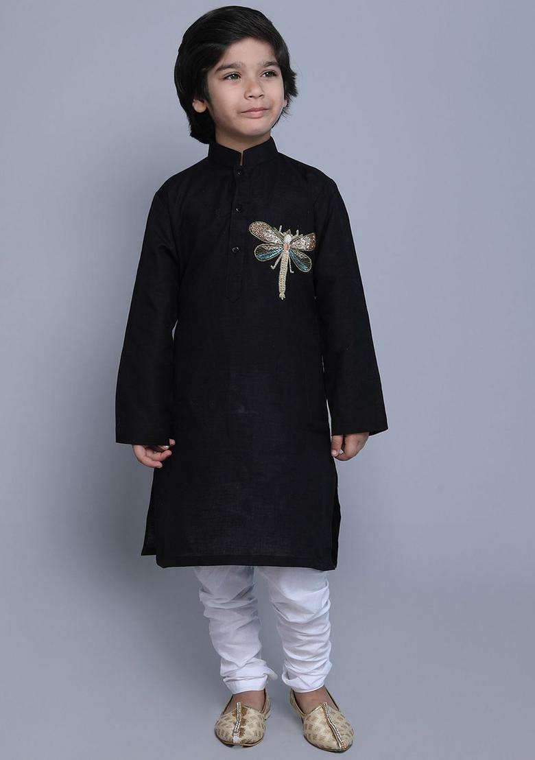 Black Embroidered Linen Kurta Set For Boys - Indya