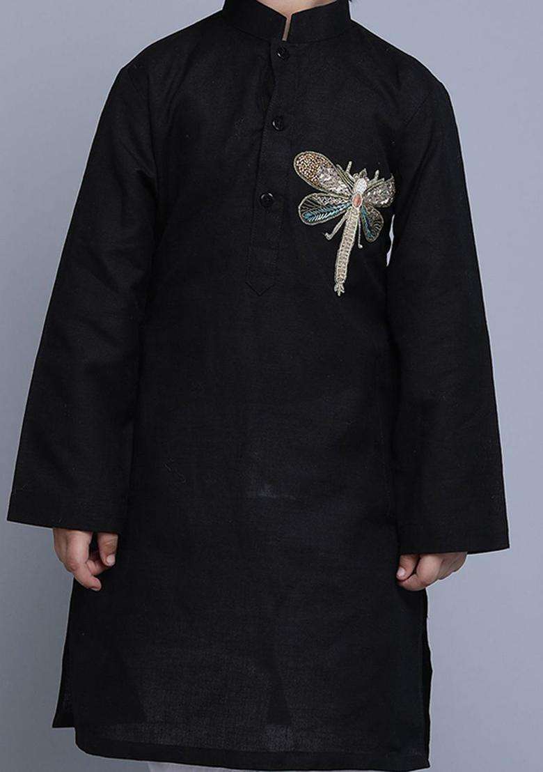 Black Embroidered Linen Kurta Set For Boys - Indya