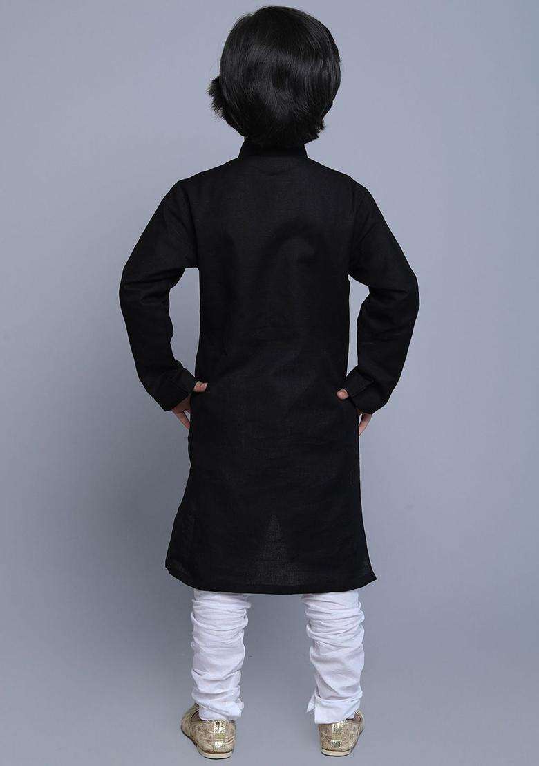 Black Embroidered Linen Kurta Set For Boys - Indya