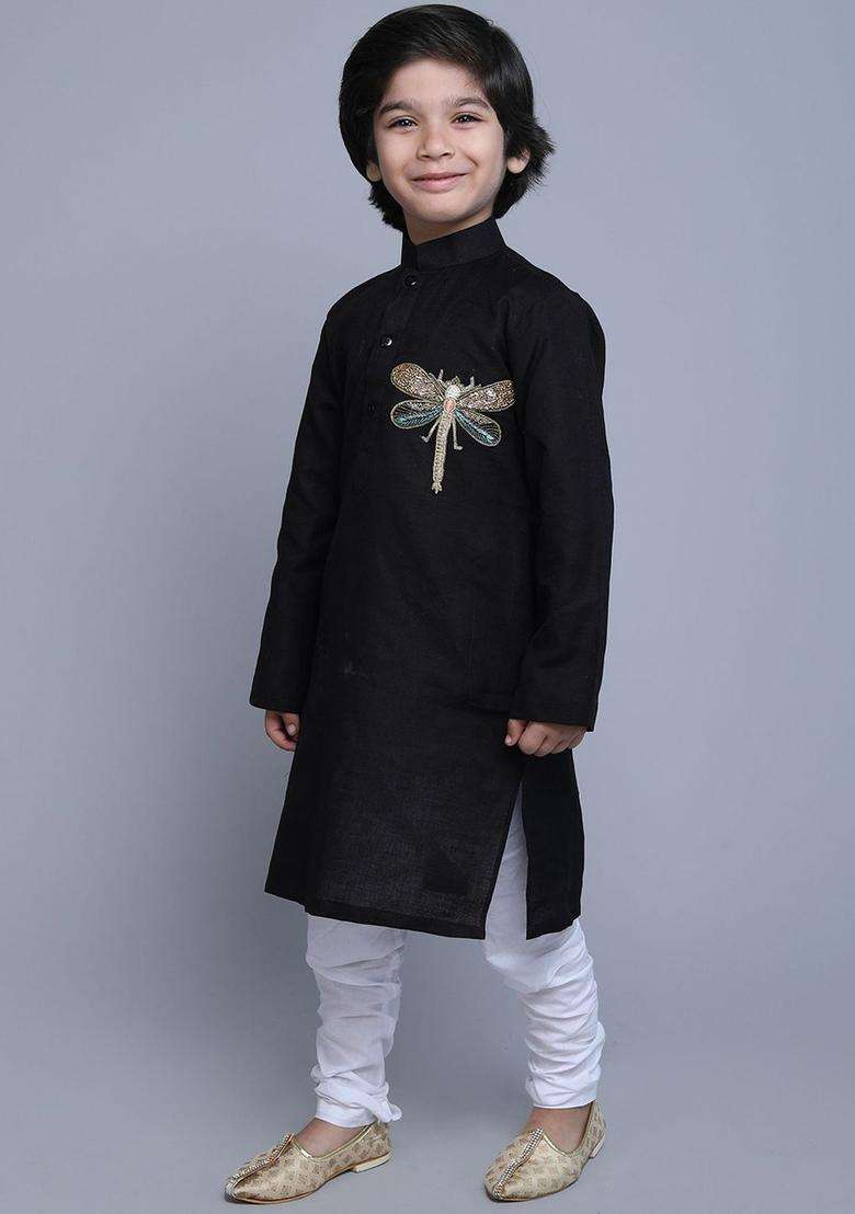 Black Embroidered Linen Kurta Set For Boys - Indya