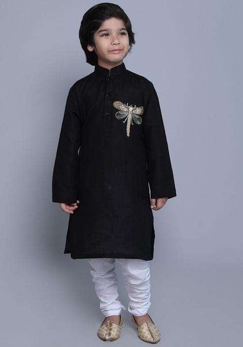 Black Embroidered Linen Kurta Set For Boys