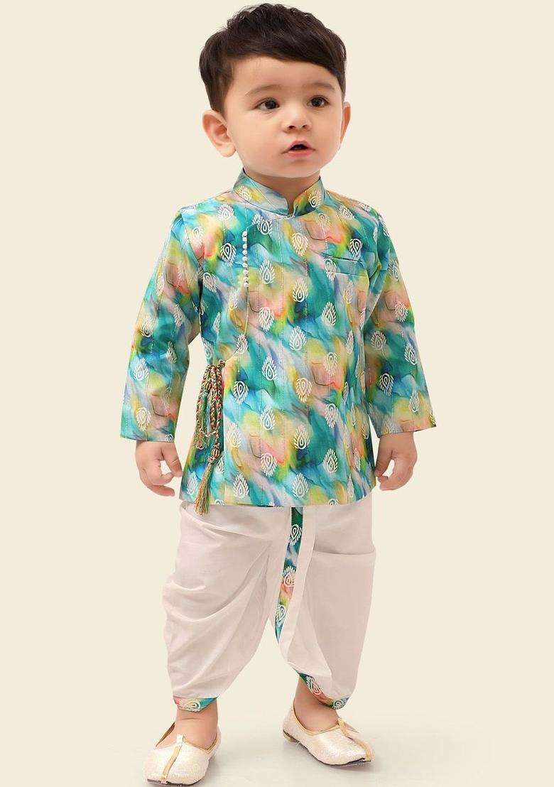 Multi Printed Silk Kurta Set For Boys - Indya
