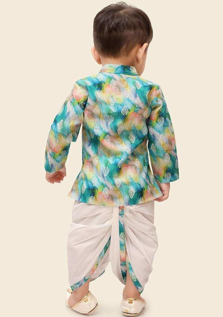 Multi Printed Silk Kurta Set For Boys - Indya