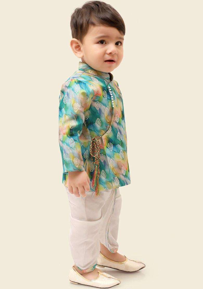 Multi Printed Silk Kurta Set For Boys - Indya