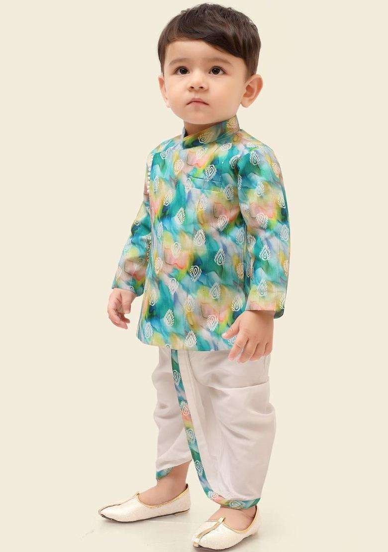 Multi Printed Silk Kurta Set For Boys - Indya