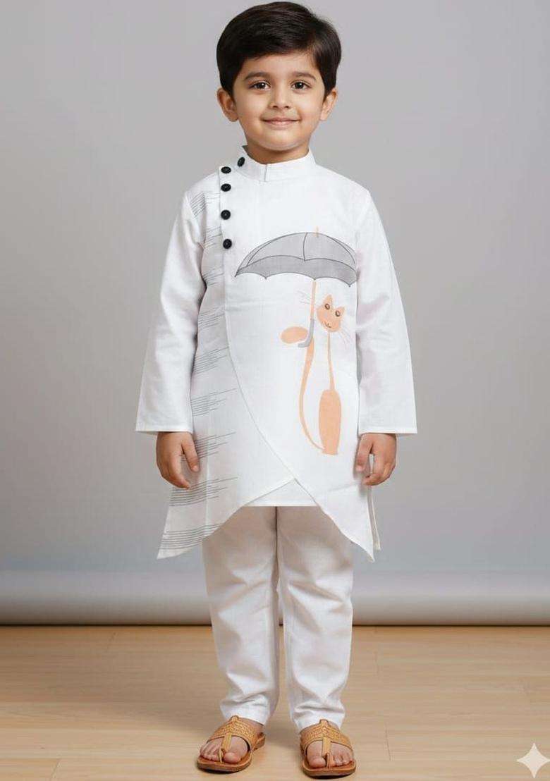 White Printed Cotton Kurta Set For Boys - Indya
