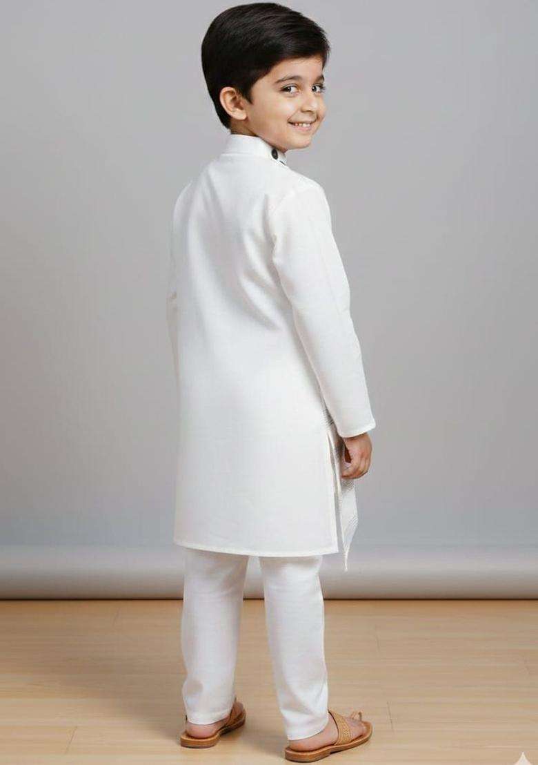 White Printed Cotton Kurta Set For Boys - Indya