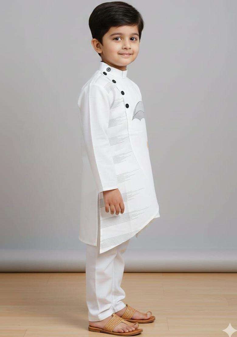 White Printed Cotton Kurta Set For Boys - Indya