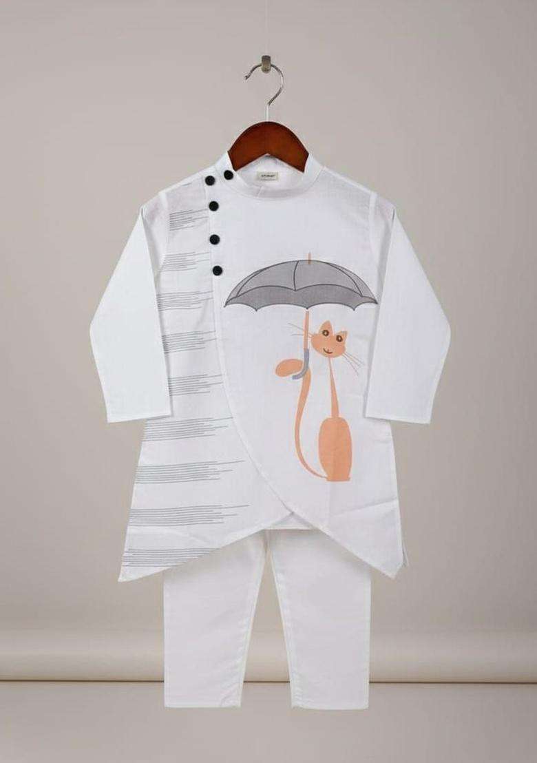 White Printed Cotton Kurta Set For Boys - Indya