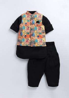 Black Solid Polyester Kurta Set For Boys