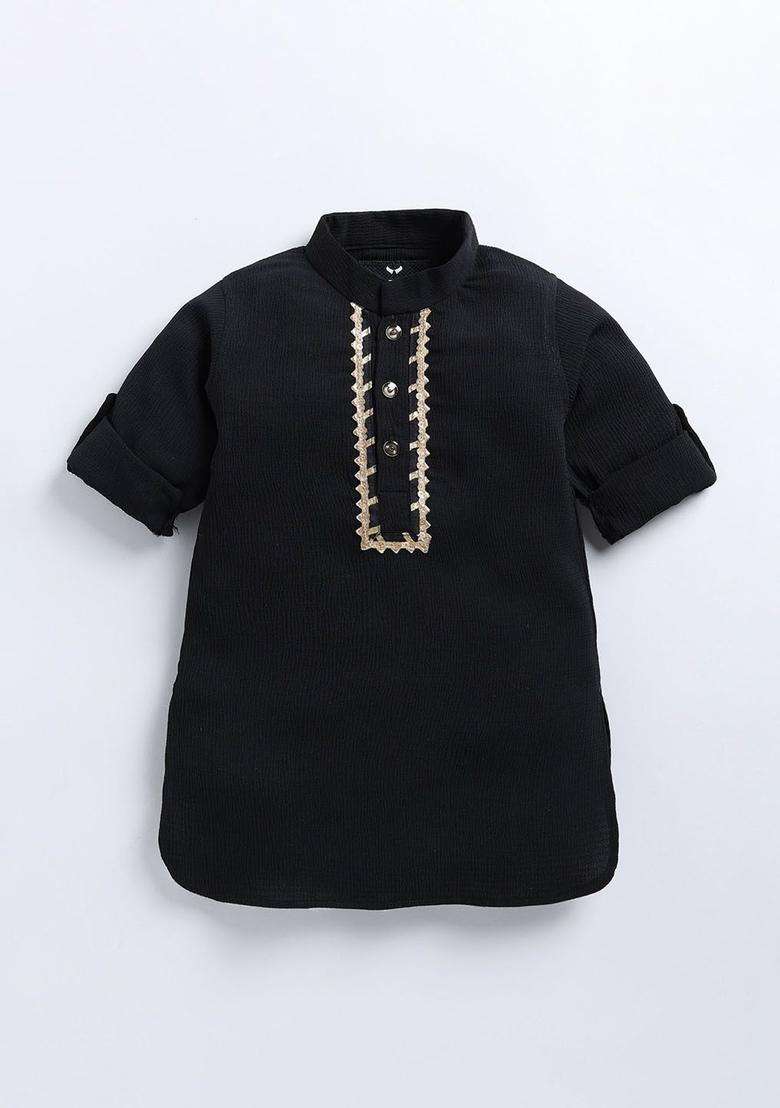 Black Solid Polyester Kurta Set For Boys - Indya
