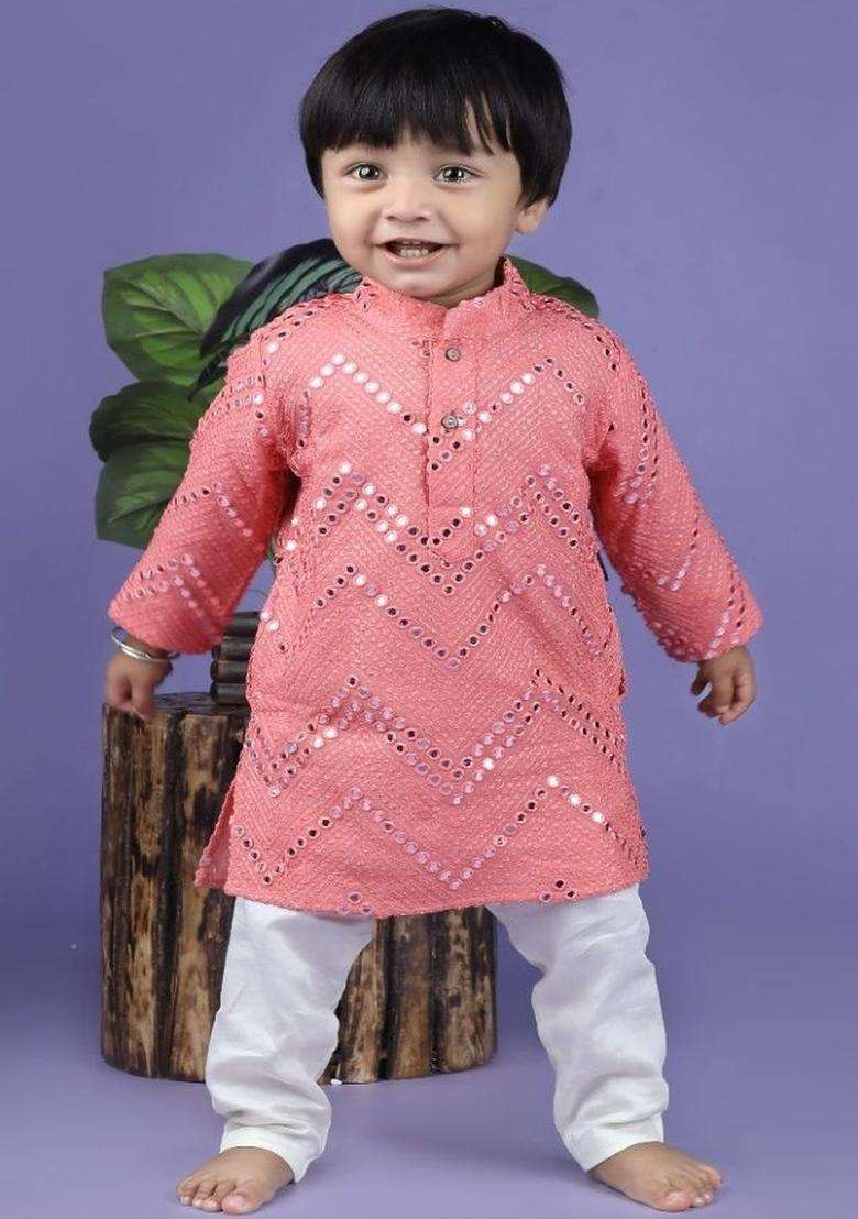 Peach Embroidered Georgette Kurta Set For Boys - Indya