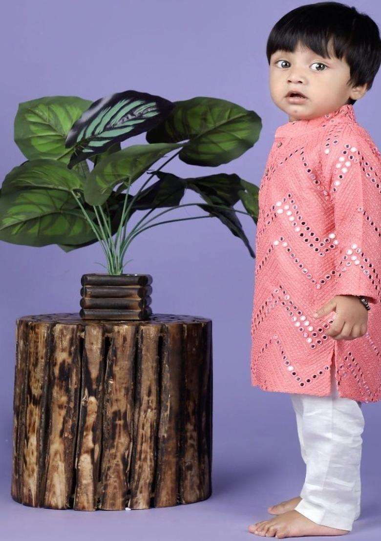 Peach Embroidered Georgette Kurta Set For Boys - Indya