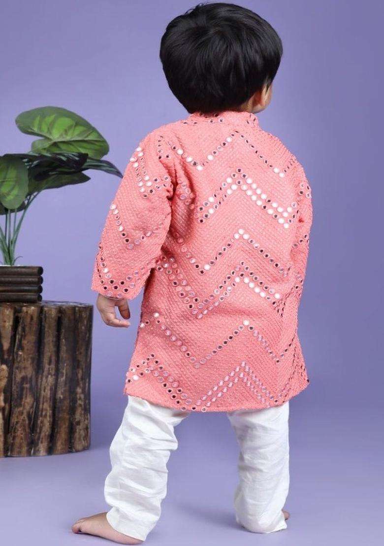 Peach Embroidered Georgette Kurta Set For Boys - Indya