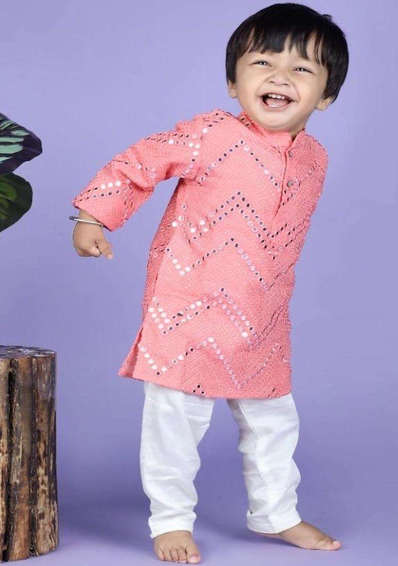 Peach Embroidered Georgette Kurta Set For Boys - Indya