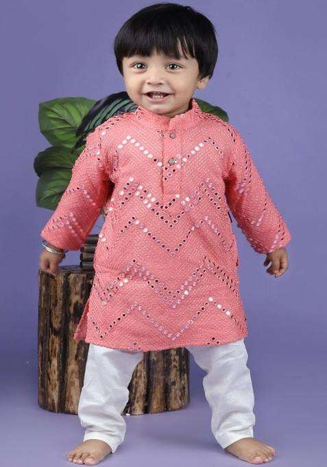 Peach Embroidered Georgette Kurta Set For Boys