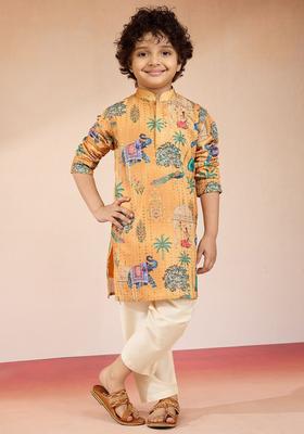 Yellow Embroidered Polyester Kurta Set For Boys