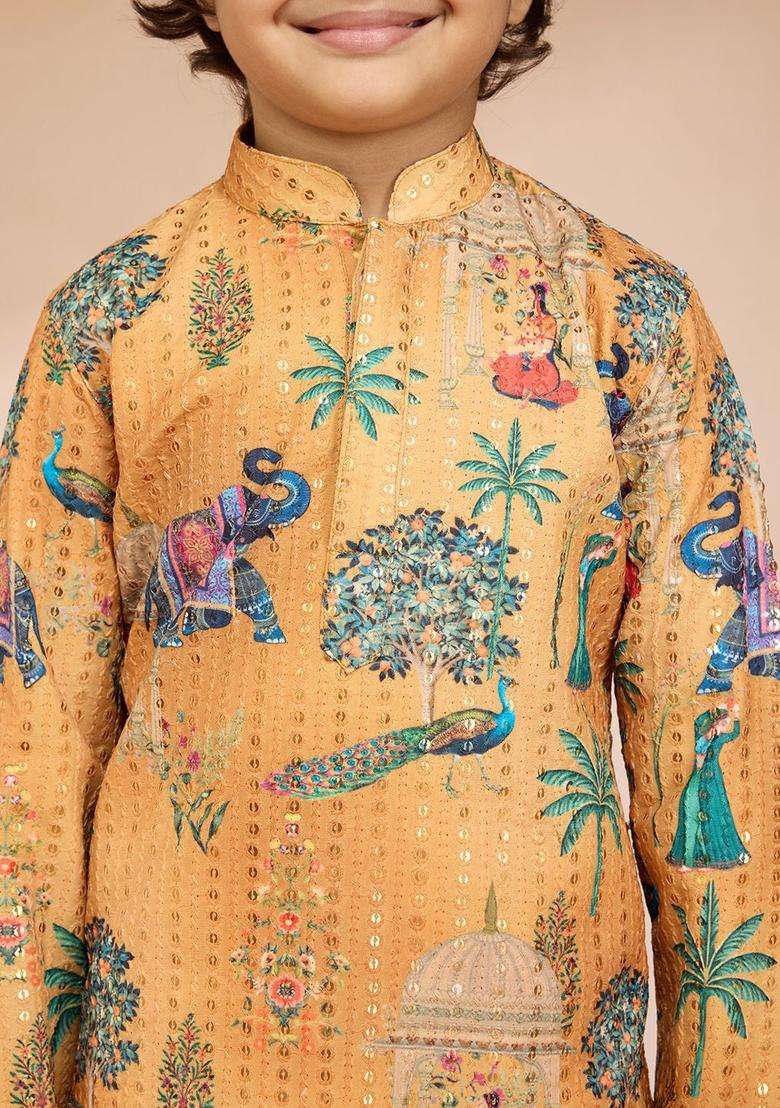 Yellow Embroidered Polyester Kurta Set For Boys - Indya