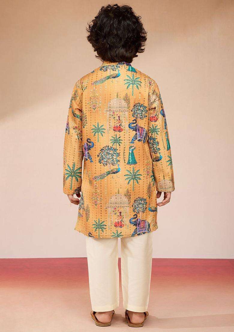 Yellow Embroidered Polyester Kurta Set For Boys - Indya