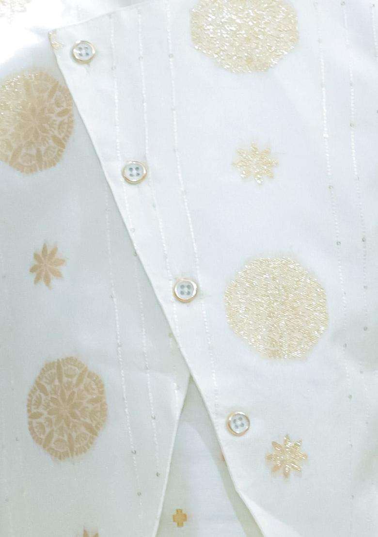 White Woven Design Silk Kurta Set For Boys - Indya