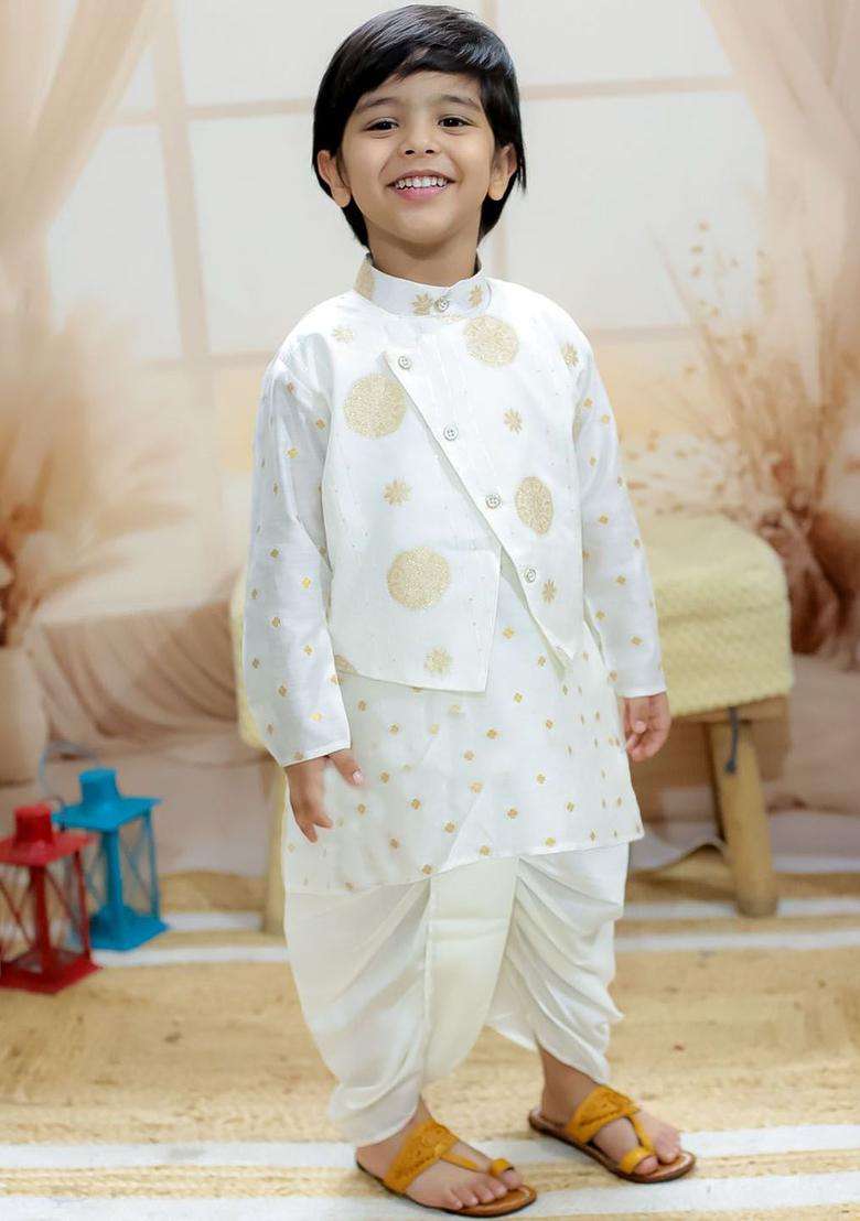 White Woven Design Silk Kurta Set For Boys - Indya